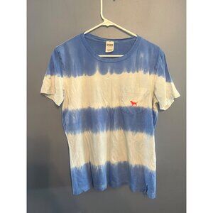 VS PINK White & Blue Tye Dye Tee W Pocket & American Flag Dog On Back Size Small